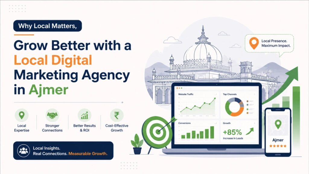 Illustration of a local digital marketing agency in Ajmer with analytics dashboard, website traffic charts, smartphone location, target icon, and business growth highlighting the Top 10 Digital Marketing Agencies in Ajmer in 2027.
