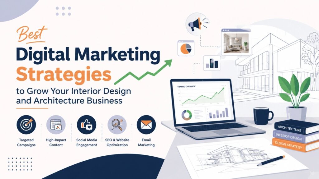 Illustration of digital marketing strategies for interior designers and architects featuring SEO, social media, website analytics, email marketing, and business growth in 2027.
