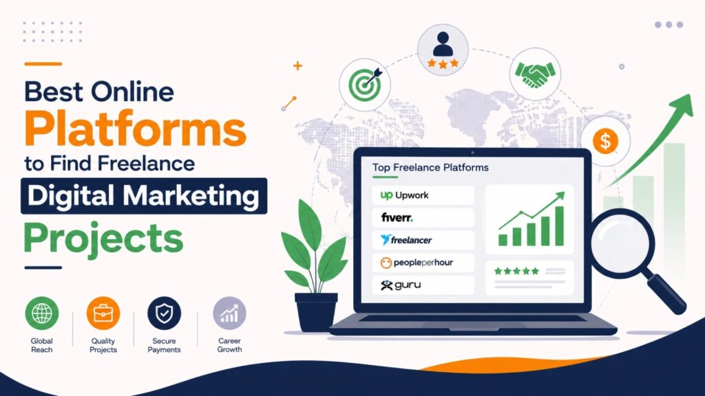 Illustration of a laptop displaying top freelance platforms including Upwork, Fiverr, Freelancer, PeoplePerHour, and Guru with growth charts, secure payments, and global opportunities for digital marketing freelancers.