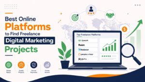 Illustration showing a laptop displaying freelance platforms including Upwork, Fiverr, Freelancer, PeoplePerHour, and Guru with growth charts, ratings, and global opportunities for Online Platforms for Digital Marketing Freelancers.