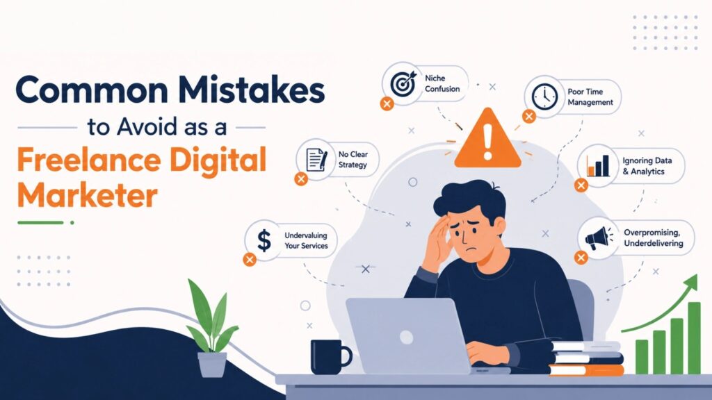 Common mistakes freelance digital marketers should avoid, including poor time management, undervaluing services, ignoring analytics, and lacking a clear strategy.