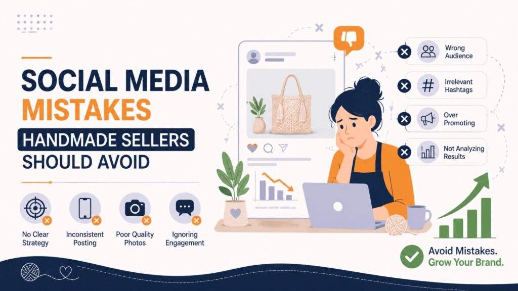 Illustration of a handmade seller analyzing poor social media performance caused by inconsistent posting, weak strategy, and low engagement.