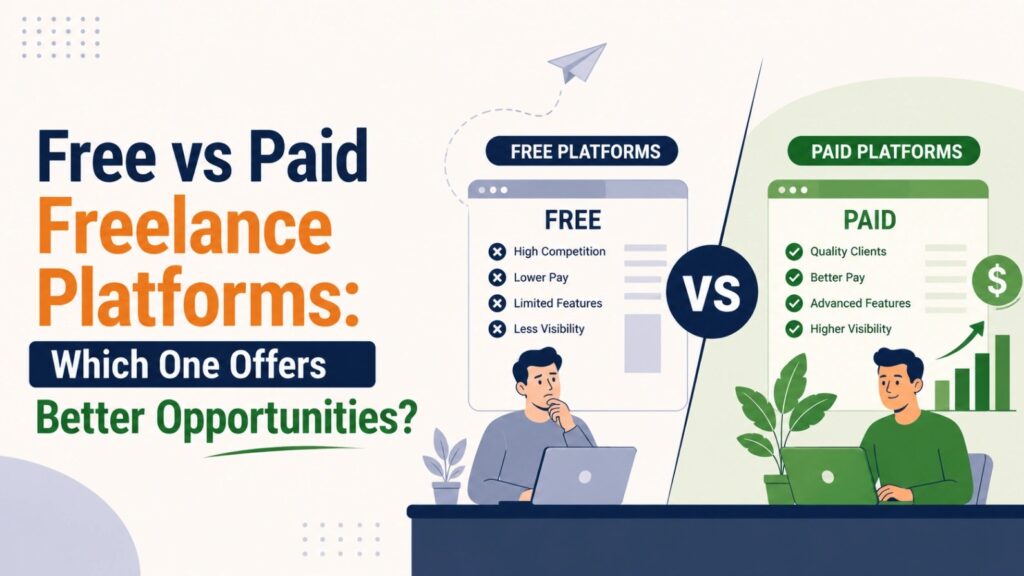 Illustration comparing free and paid freelance platforms, showing benefits like better pay, quality clients, advanced features, and visibility for digital marketing freelancers.
