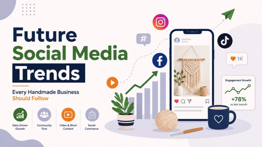 Illustration showing future social media marketing trends with smartphone, engagement graph, and social media platforms for handmade businesses.
