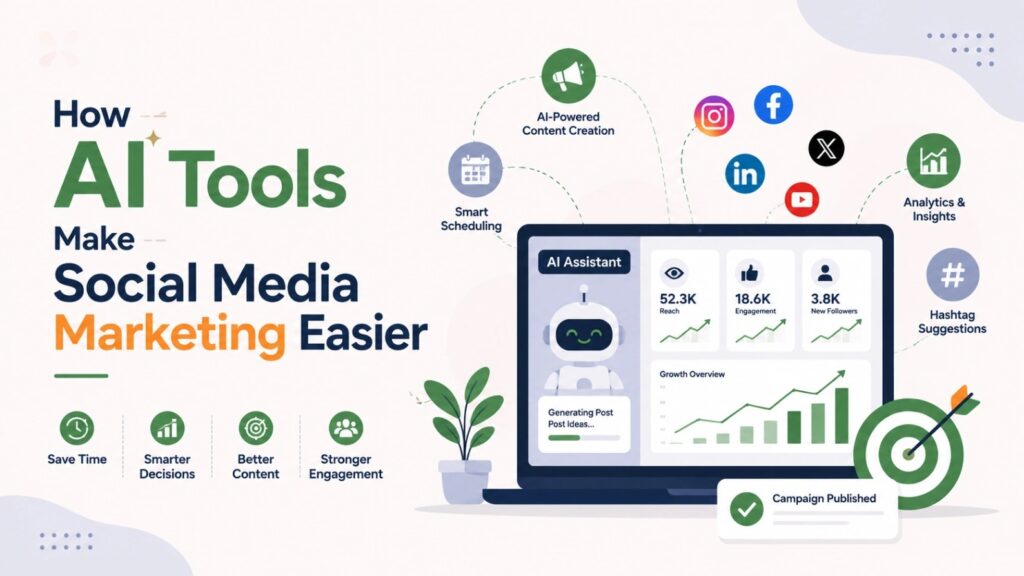 Illustration of AI-powered social media dashboard with content generation, analytics, scheduling, and engagement tools.