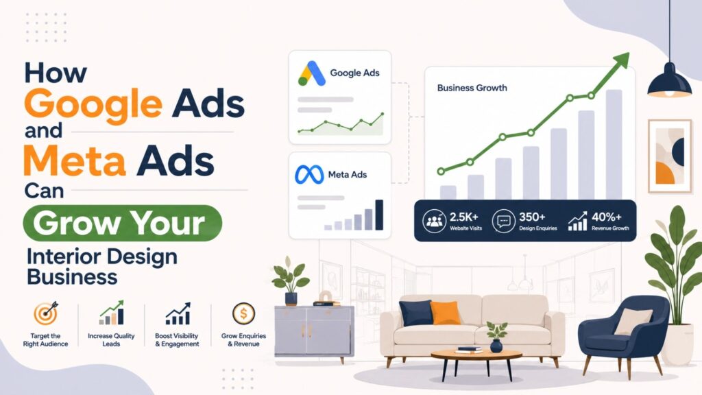 Illustration showing Google Ads, Meta Ads, business growth analytics, and digital marketing strategies for an interior design business.
