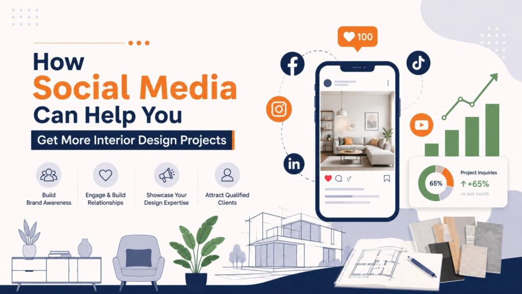 Illustration showing social media marketing for interior designers with Instagram, Facebook, LinkedIn, TikTok, YouTube, project showcase, and business growth analytics.
