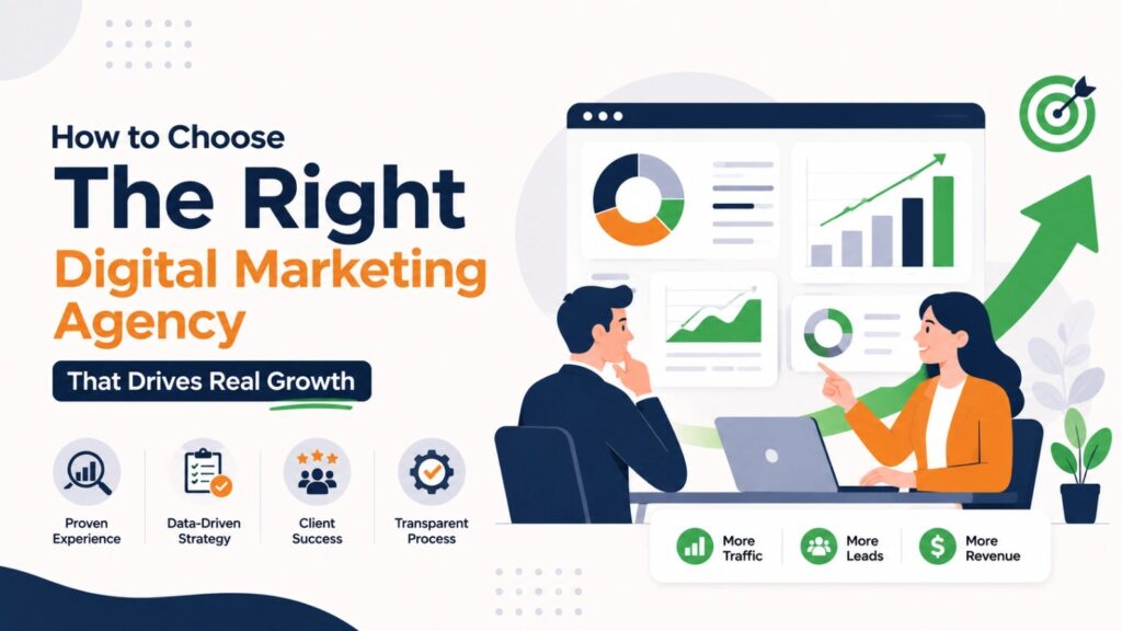 Illustration of a business owner consulting a digital marketing expert with analytics dashboards, performance charts, growth reports, and strategy planning while comparing the Top 10 Digital Marketing Agencies in Ajmer in 2027.
