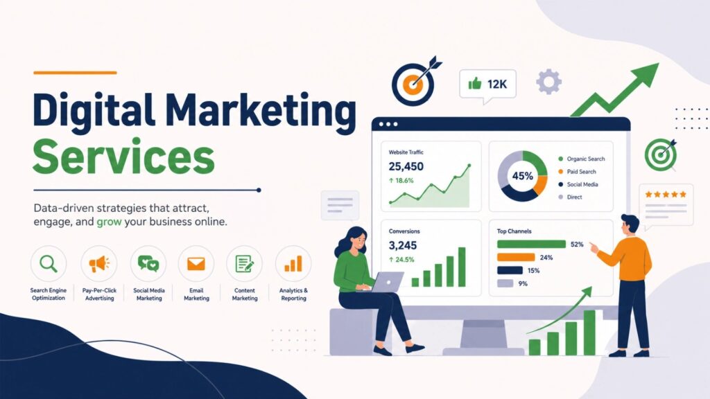 Illustration showing digital marketing services including SEO, PPC advertising, social media marketing, email marketing, content marketing, analytics dashboard, website traffic, and business growth from the Top 10 Digital Marketing Agencies in Ajmer in 2027.