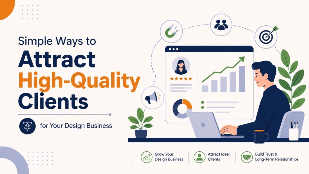 Illustration of an interior designer using digital marketing strategies, client reviews, analytics dashboard, lead generation, and business growth to attract high-quality clients.