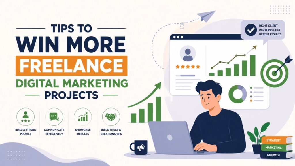 Illustration of a freelance digital marketer working on a laptop with client reviews, growth charts, analytics dashboard, and target icons, showing tips to win more freelance digital marketing projects.