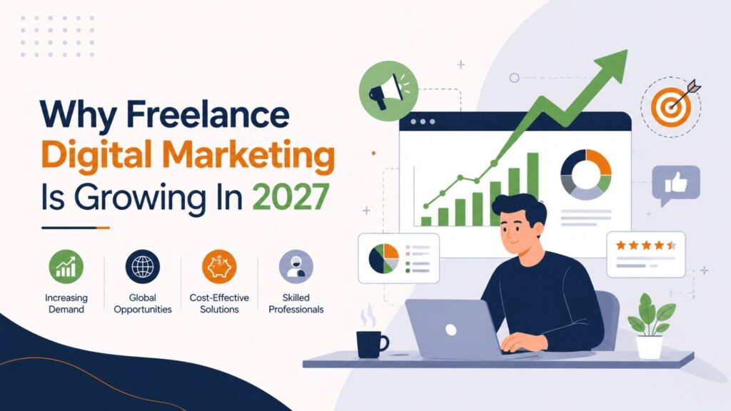 Illustration of a freelance digital marketer working on a laptop with business growth charts, analytics dashboard, global opportunities, and marketing icons, explaining why freelance digital marketing is growing in 2027.