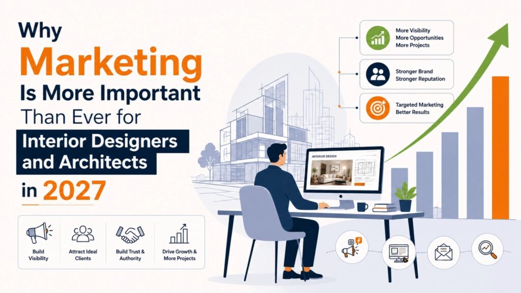 Illustration showing an interior designer using digital marketing strategies, website analytics, branding, and growth charts to attract more clients in 2027.