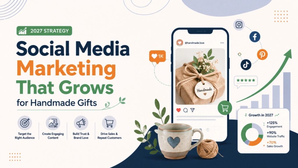 Illustration showing handmade gift promotion through social media with smartphone, engagement icons, customer ratings, and business growth chart.