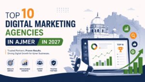 Illustration featuring the top 10 digital marketing agencies in Ajmer in 2027 with analytics dashboard, growth charts, search tools, and business marketing icons.