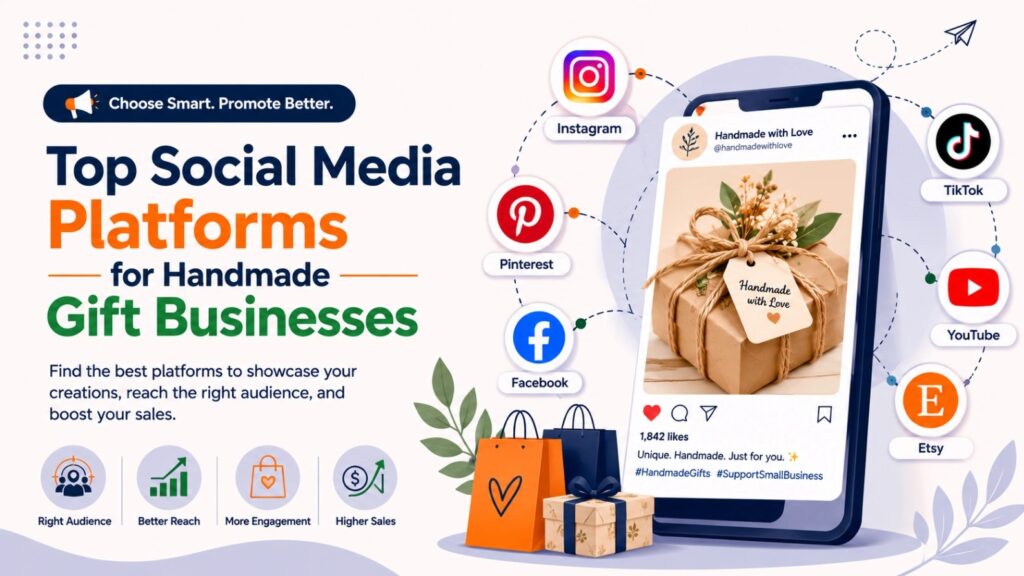 Illustration showing the best social media marketing for handmade gifts in 2027 with Instagram, Pinterest, Facebook, TikTok, YouTube, Etsy, and a smartphone displaying a handmade gift post.