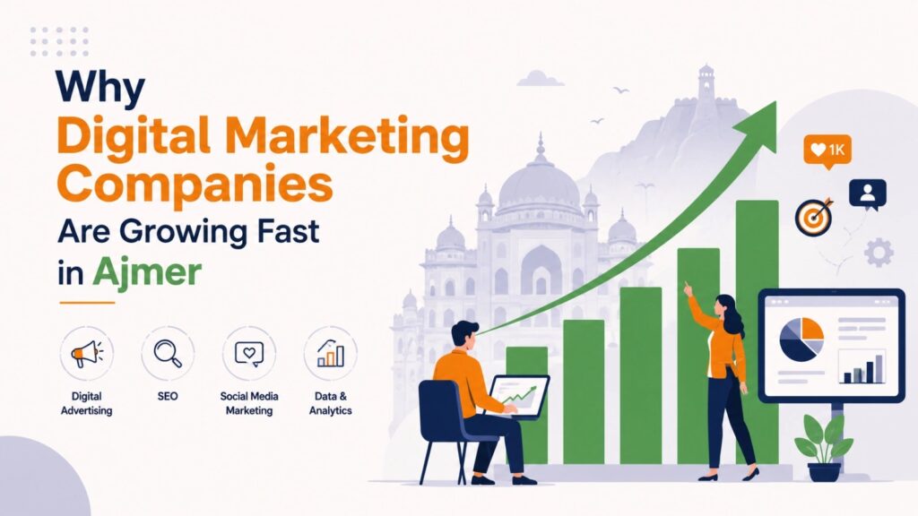 Illustration showing digital marketing professionals analyzing business growth with SEO, social media marketing, data analytics, performance dashboard, and rising charts, representing the Top 10 Digital Marketing Agencies in Ajmer in 2027.